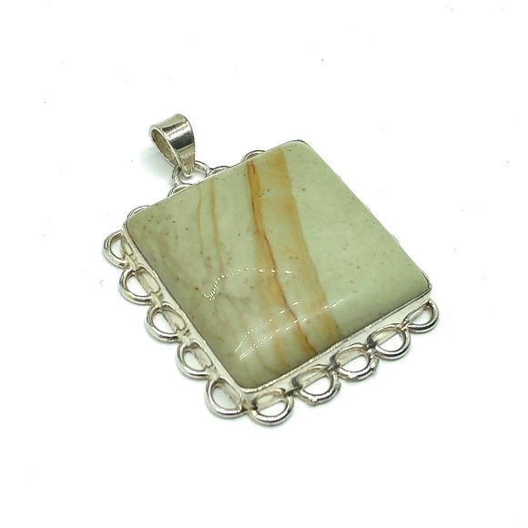 Sterling Silver Pendant w/ Rubbed Sage Color Picture Jasper Stone - Picture 3 of 5